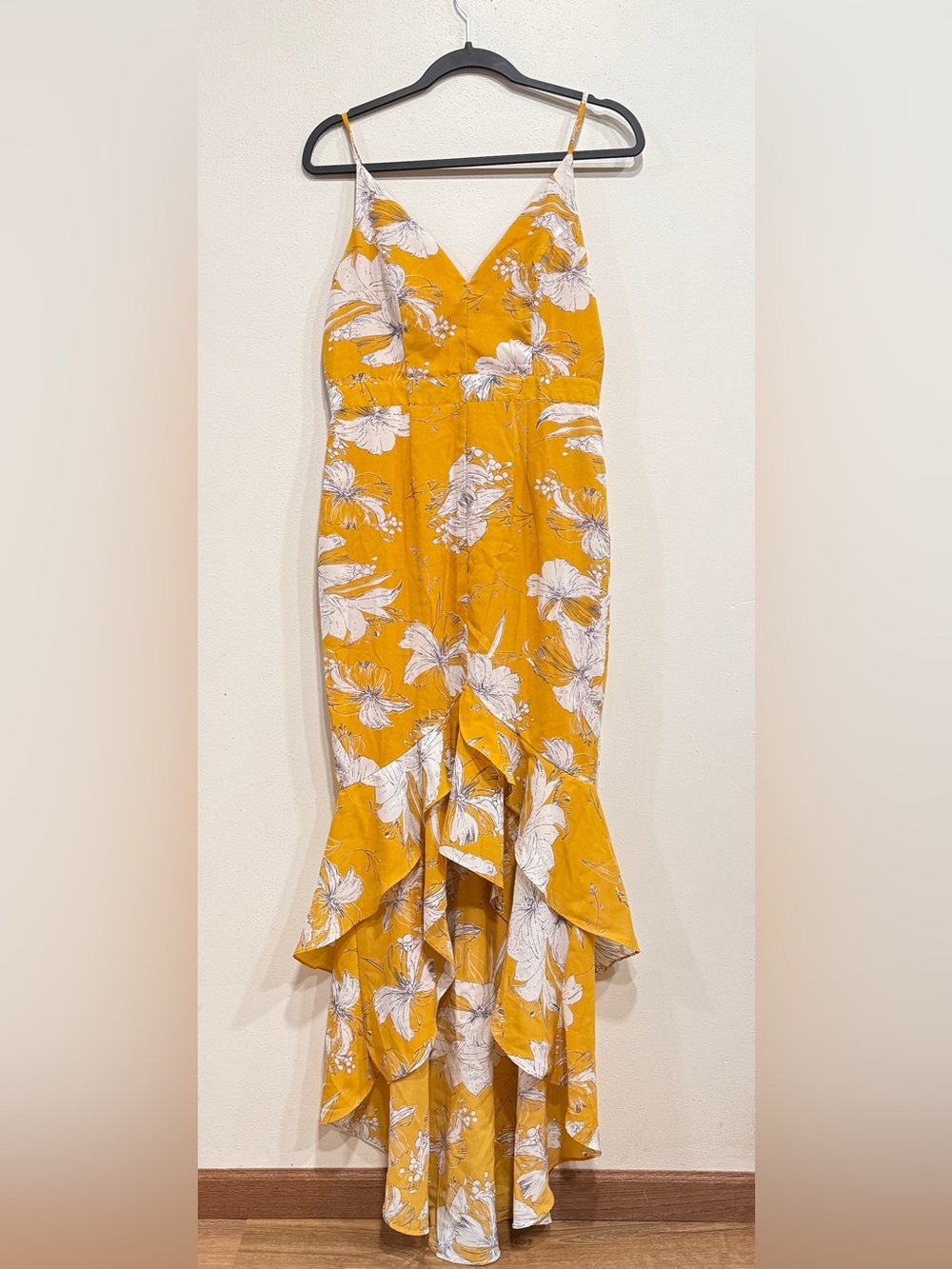 Lulu's Mustard Floral High-Low Ruffle Dress